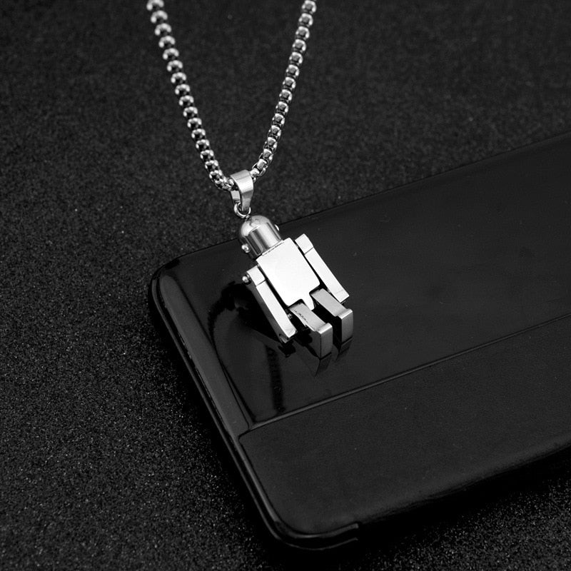 Steel Robot Necklace on mobile phone side view