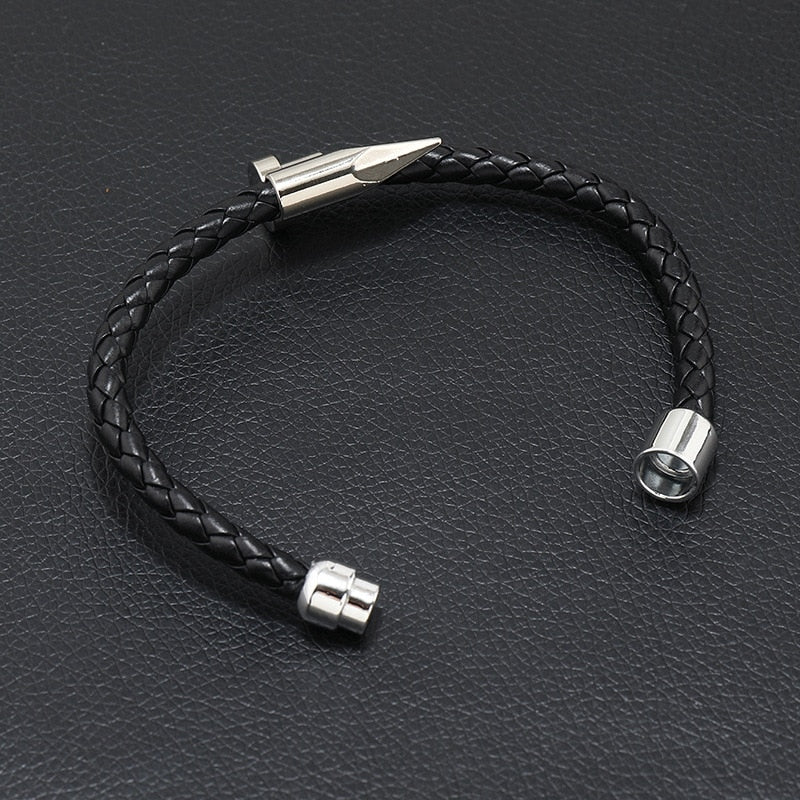 Nail Bullet Steel And Leather Bracelet_silver opened