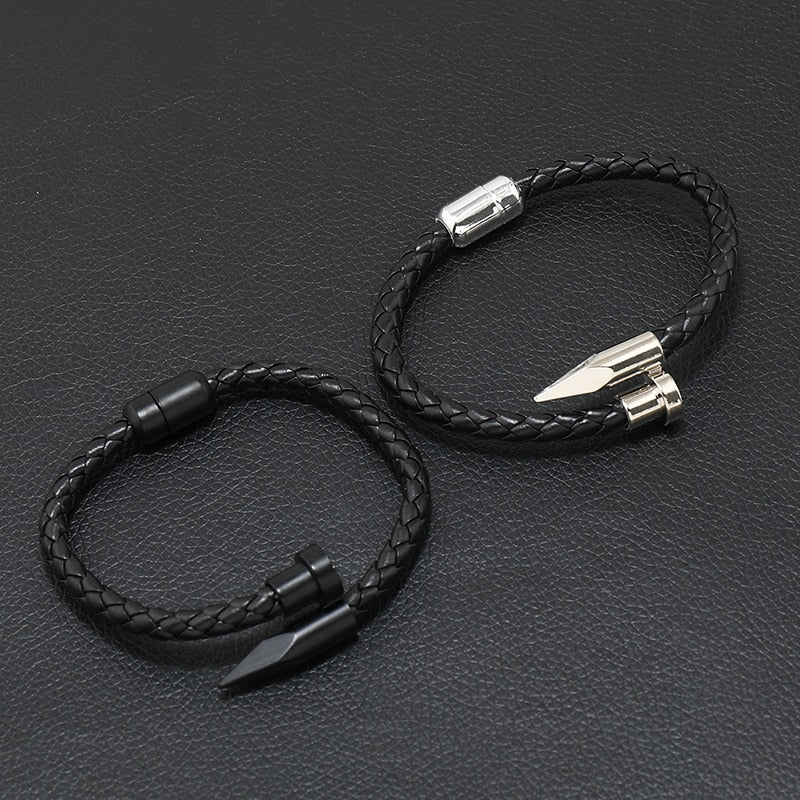 Nail Bullet Steel And Leather Bracelet_black and silver