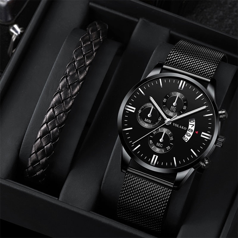 Package: Luxury Stainless Steel Mesh Belt Quartz Watch and Business Casual Bracelet