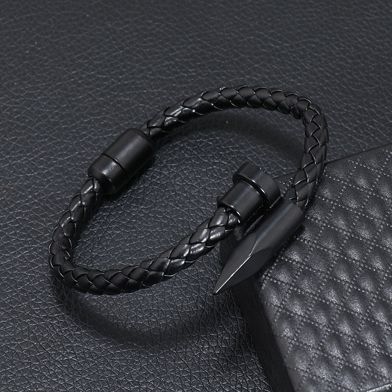 Nail Bullet Steel And Leather Bracelet_black